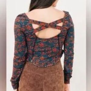 FREE PEOPLE Women's Melanie Top Medium Blue Red Floral Renfair Ruffle Corset